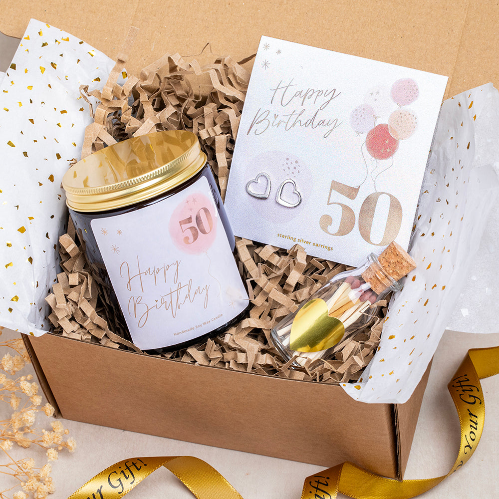 Personalised 50th Birthday Gift Box with Candle and Earrings