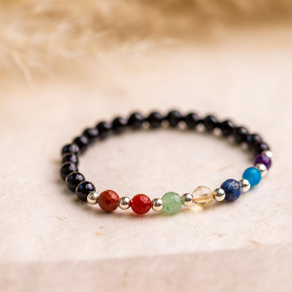 Seven Chakra Bracelet with faceted 6mm beads - beads are featured with black tourmaline stones