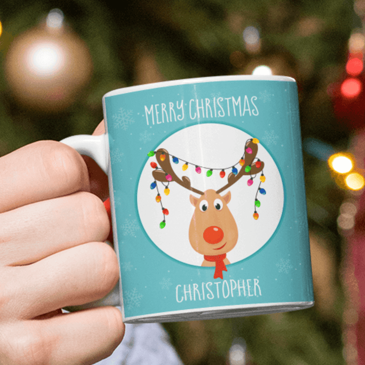 Personalised Rudolph's Tangled Lights Christmas Mug