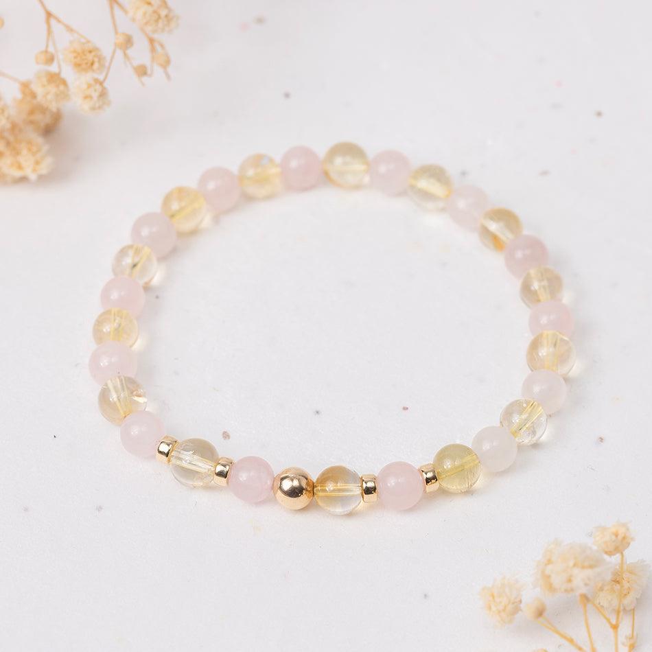 Rose Quartz and Citrine Gemstone Bracelet 6mm Beads and Gold