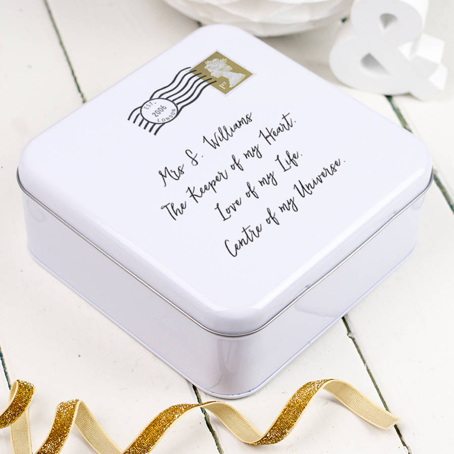 Love letters keepsake tin box with handwritten personalised note on lid.... a great gift for a tenth anniversary...