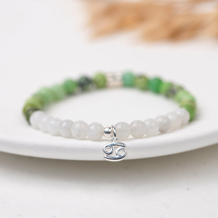 Cancer Birthstone Gemstone Bracelet with Moonstone and Chrysoprase Crystals