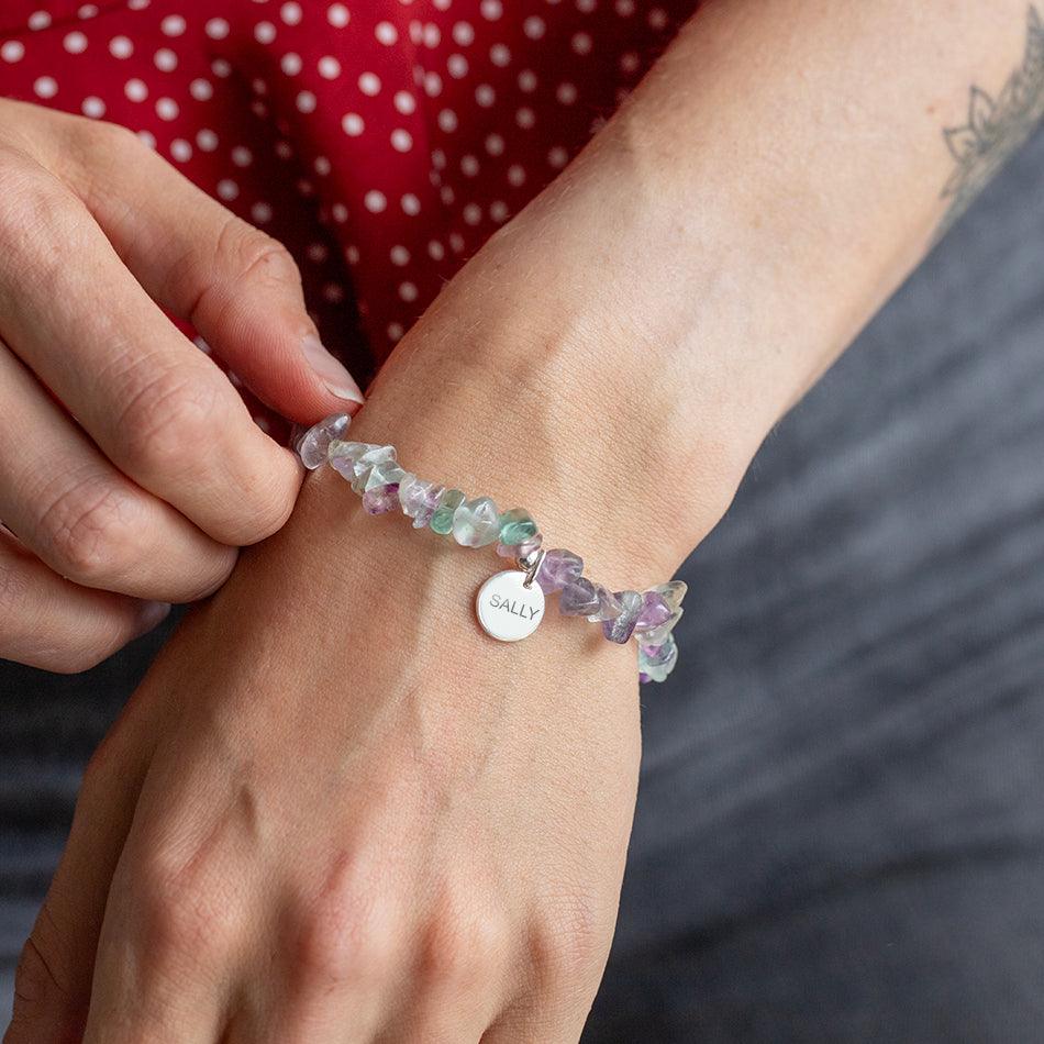 Fluorite Crystal Chip Bracelet With Engraved Charm – Smart Gift