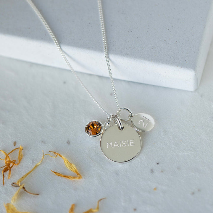 Birthstone Necklace with Engraved Pendant and Birth Charm