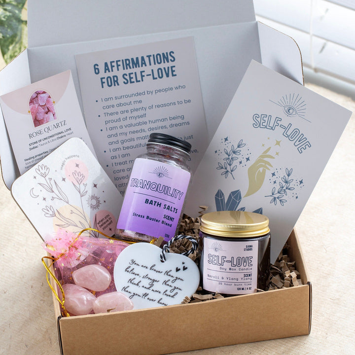 Self Love Rose Quartz Gift Box with Motivational Coaster