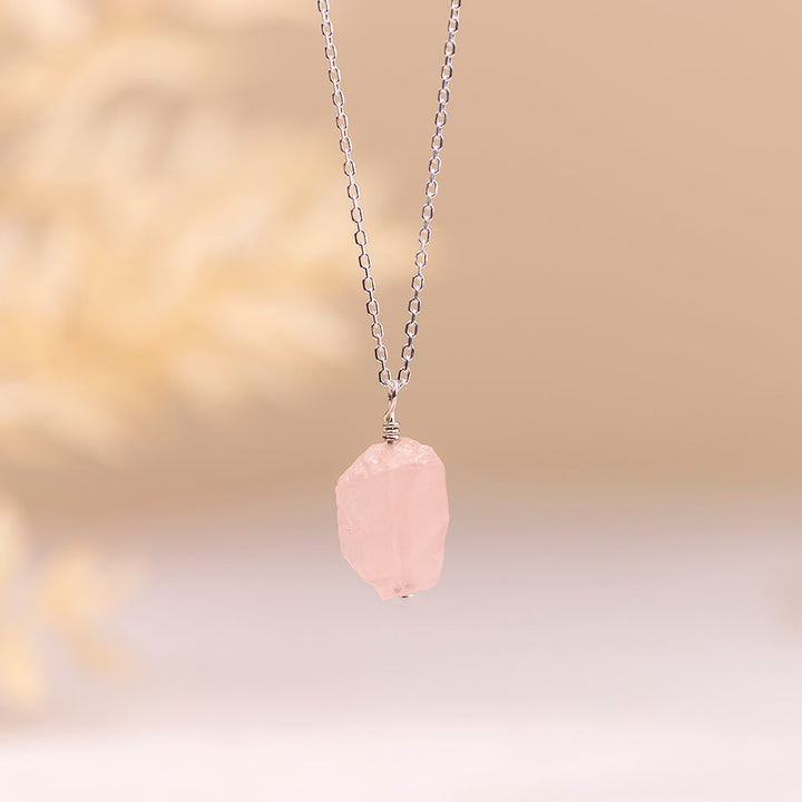 Raw Rose Quartz Necklace with Threaded Pendant