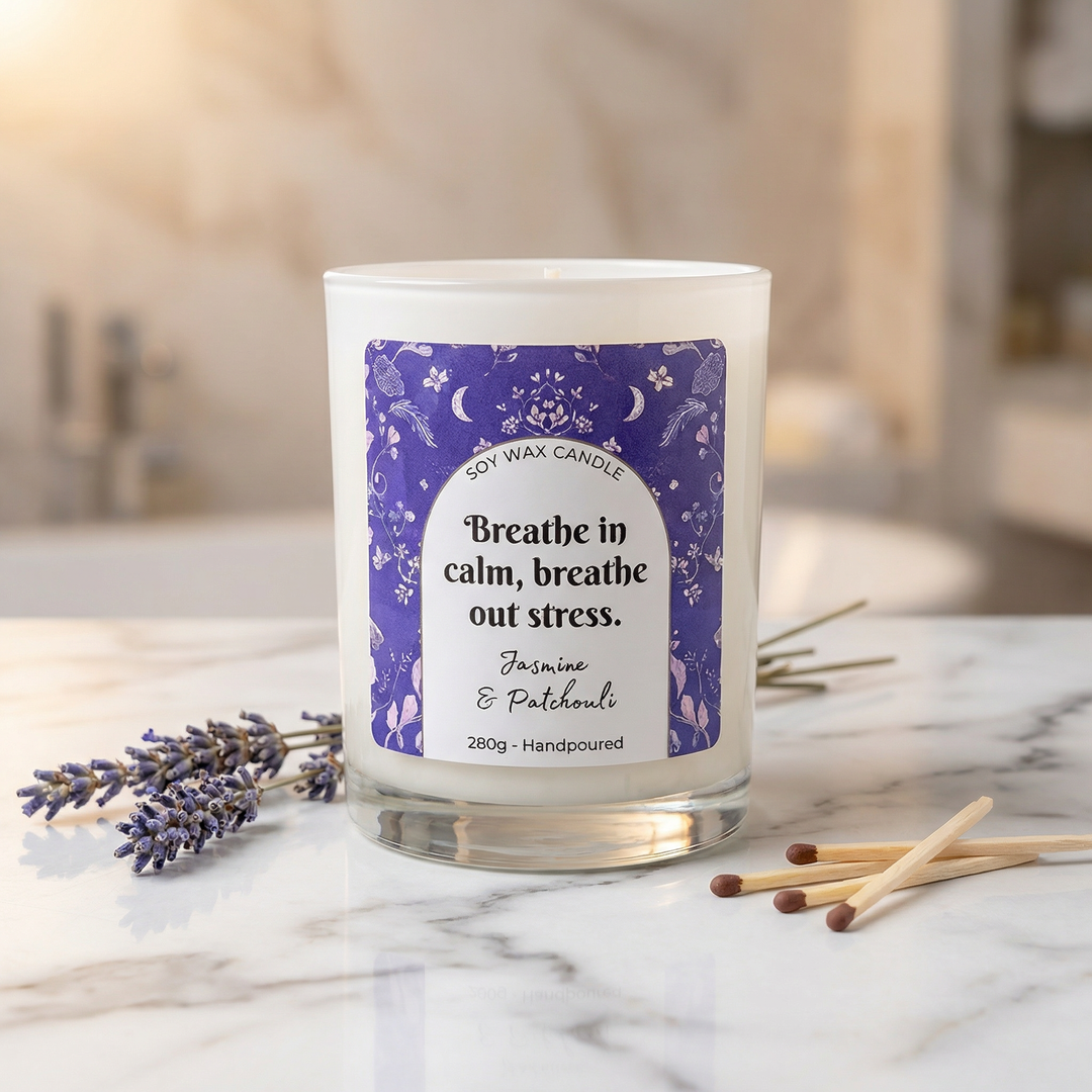 Candle with a purple label on a marble surface with lavender and matches.