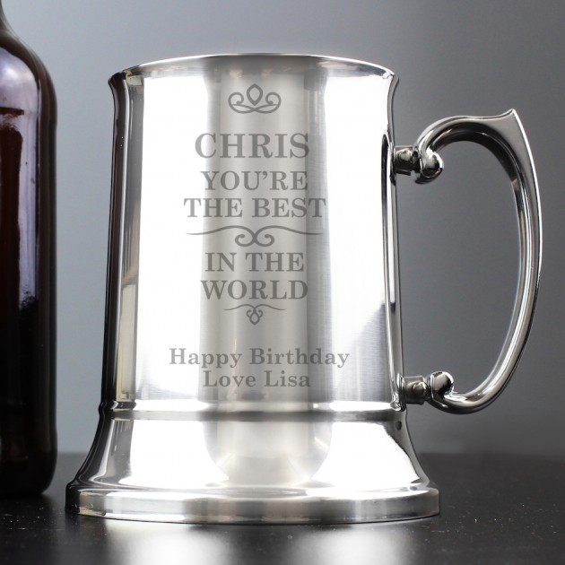 Hampers and Gifts to the UK - Send the Engraved Best in the World Stainless Steel Tankard