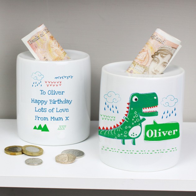 Hampers and Gifts to the UK - Send the Personalised Dinosaur Money Box