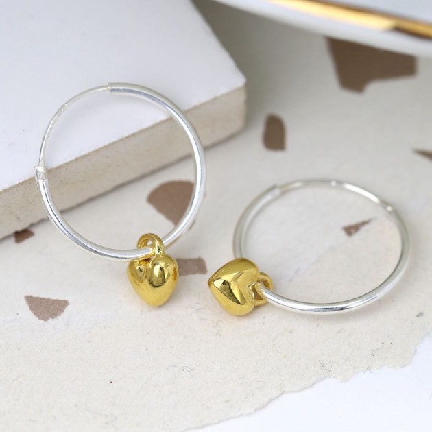 Hampers and Gifts to the UK - Send the Sterling Silver Hoop Earrings with Gold Hearts