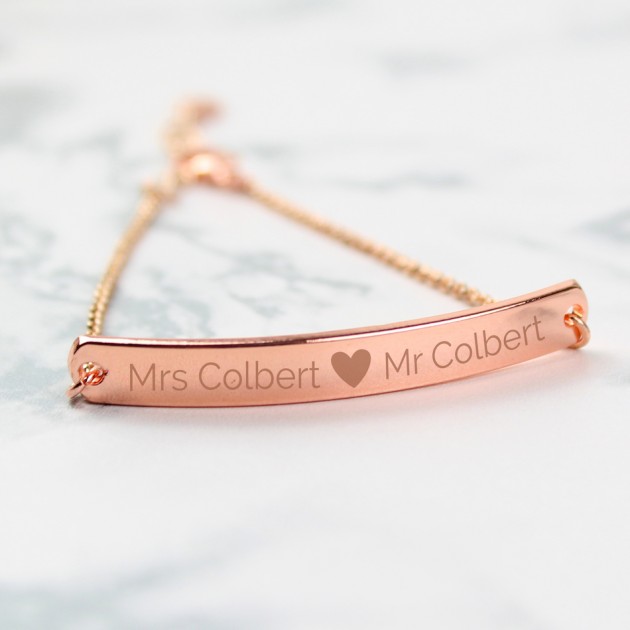 Hampers and Gifts to the UK - Send the Personalised Love Heart Names Rose Gold Bar Bracelet