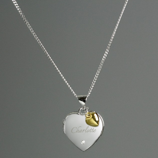 Hampers and Gifts to the UK - Send the Personalised Sterling Silver and Diamond Heart Locket Necklace with Gold Charm