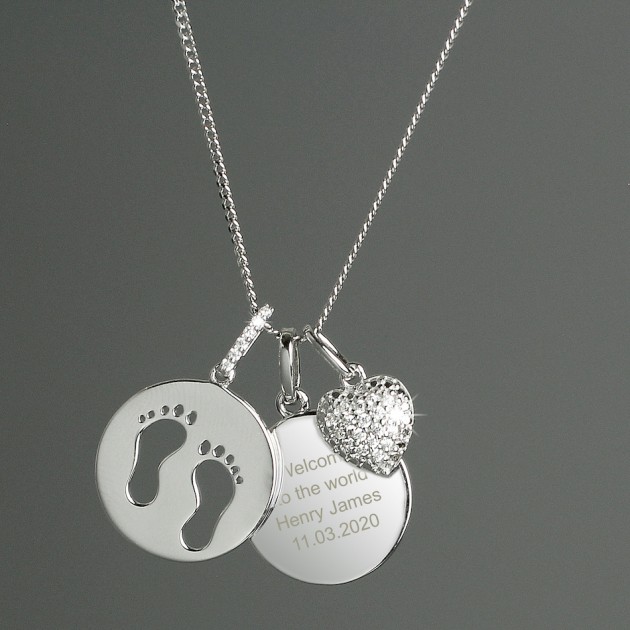 Hampers and Gifts to the UK - Send the Personalised Sterling Silver Footprints and Heart Necklace