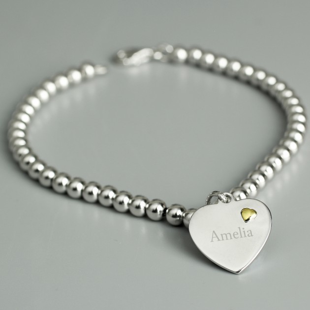 Hampers and Gifts to the UK - Send the Personalised Sterling Silver and 9ct Gold Heart Bracelet