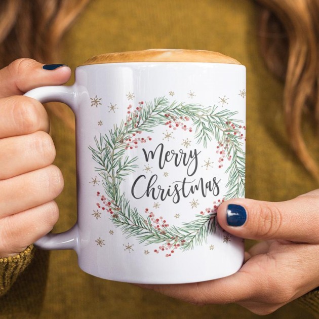 Hampers and Gifts to the UK - Send the Merry Christmas Wreath Mug
