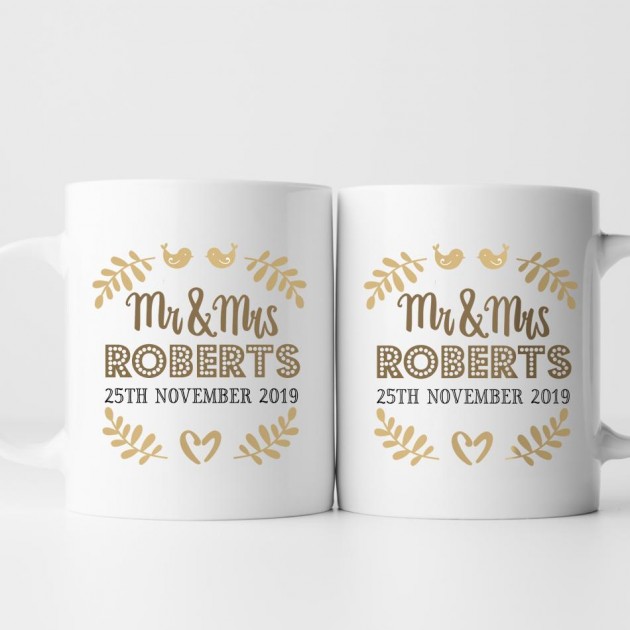 Hampers and Gifts to the UK - Send the Personalised Mr and Mrs Love Birds Mug Set