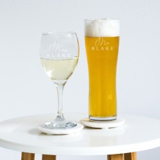 Hampers and Gifts to the UK - Send the Personalised Mr & Mrs... Champagne and Beer Glass Set 