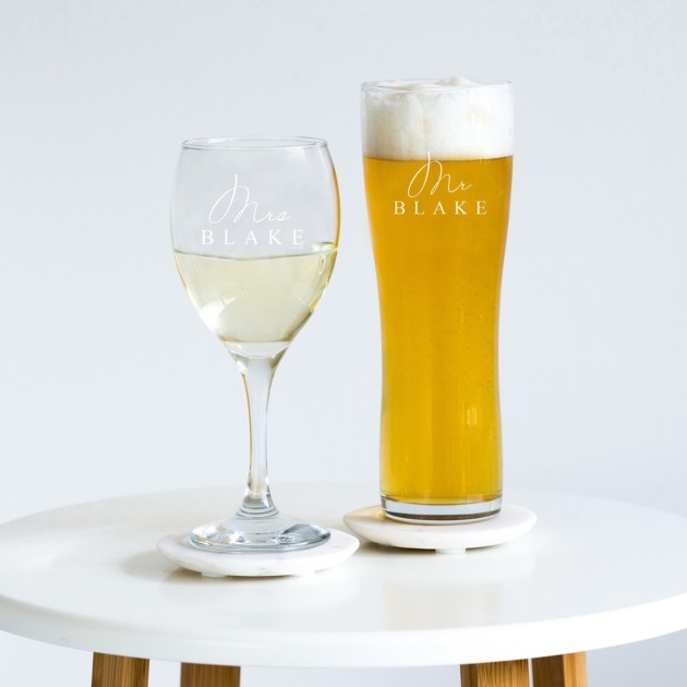 Hampers and Gifts to the UK - Send the Personalised Mr & Mrs... Champagne and Beer Glass Set 