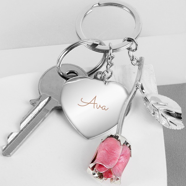 Hampers and Gifts to the UK - Send the Personalised Pink Rose Keyring