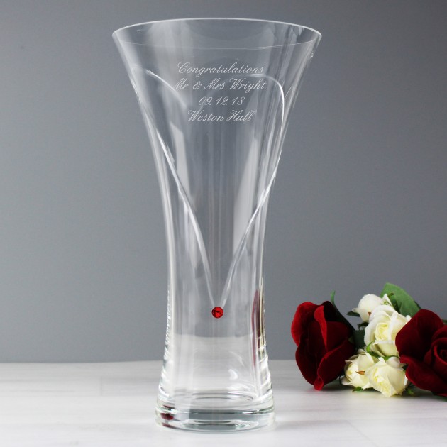 Hampers and Gifts to the UK - Send the Personalised Ruby Diamante Heart Vase