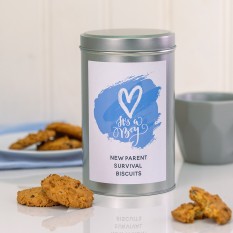 Hampers and Gifts to the UK - Send the New Baby Boy Tin with a Dozen Biscuits