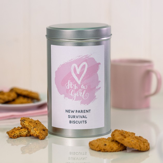 Hampers and Gifts to the UK - Send the New Baby Girl Tin with a Dozen Biscuits
