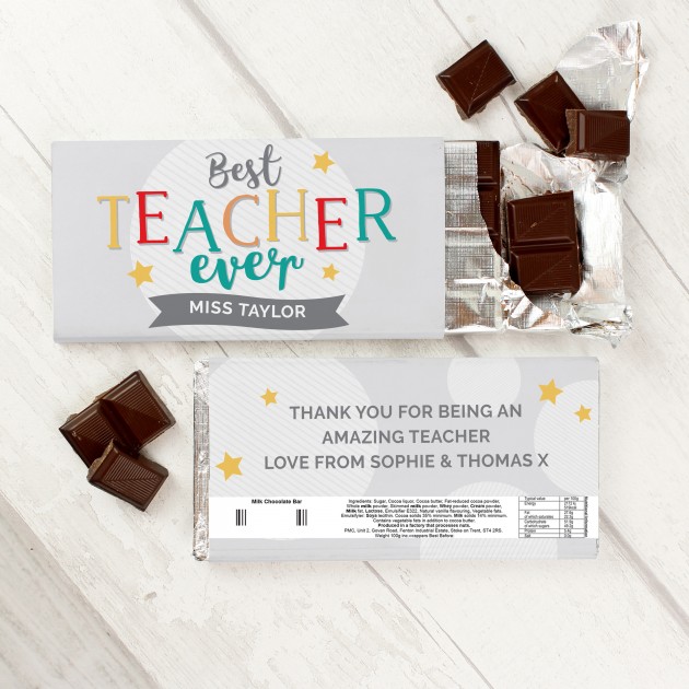 Hampers and Gifts to the UK - Send the Personalised Best Teacher Ever Chocolate Bar