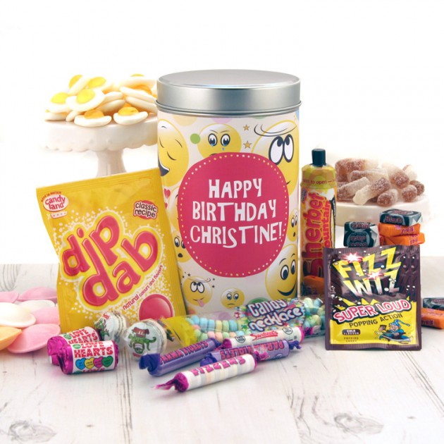 Hampers and Gifts to the UK - Send the Retro Sweets Tin - Birthday Smiley Faces