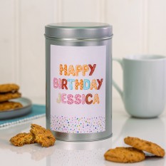 Hampers and Gifts to the UK - Send the Happy Birthday Biscuit Letters Tin with a Dozen Biscuits