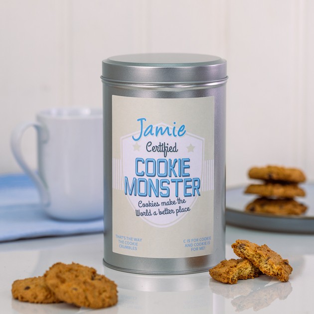 Hampers and Gifts to the UK - Send the Personalised Cookie Monster Tin with a Dozen Biscuits