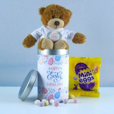 Hampers and Gifts to the UK - Send the Personalised Happy Easter Teddy In a Tin