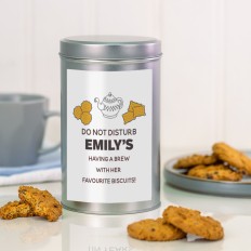 Hampers and Gifts to the UK - Send the Personalised Having A Brew Tin with a Dozen Biscuits
