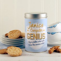 Hampers and Gifts to the UK - Send the Personalised Computer Genius Tin with a Dozen Cookies