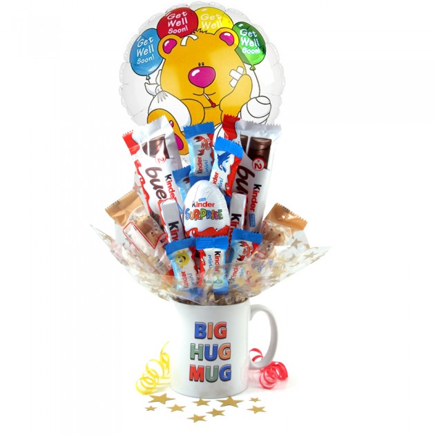 Hampers and Gifts to the UK - Send the Get Well Soon Kinder Egg Surprise Bouquet In a Mug