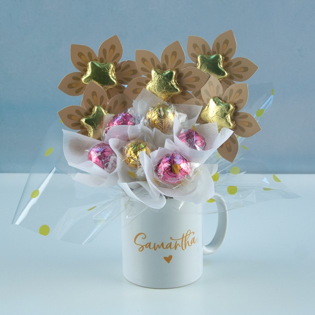Hampers and Gifts to the UK - Send the Personalised Lindor Pink & Gold Mug Bouquet