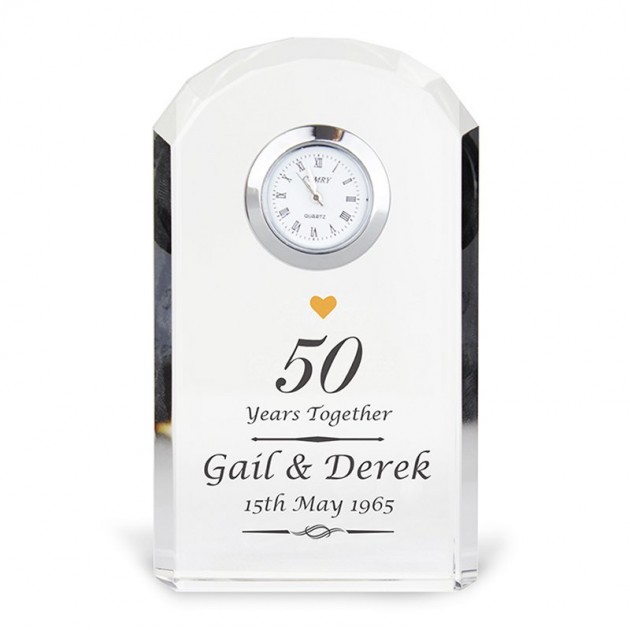 Hampers and Gifts to the UK - Send the Personalised Golden Anniversary Crystal Clock