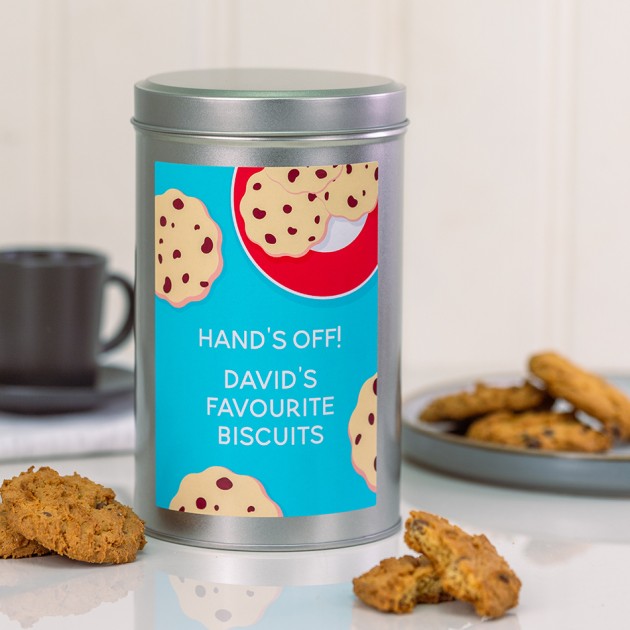 Hampers and Gifts to the UK - Send the Personalised Hands Off Tin with a Dozen Biscuits