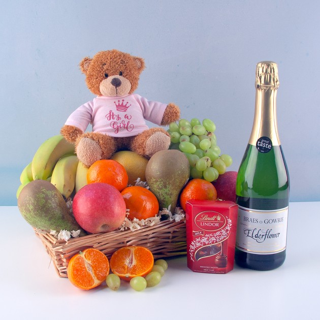 Hampers and Gifts to the UK - Send the It's a Girl Fruit Basket with Chocolates and Soft Drink