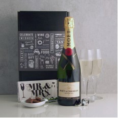 Hampers and Gifts to the UK - Send the Celebration Moet and Chandon with Mr & Mrs Chocolate and Flutes
