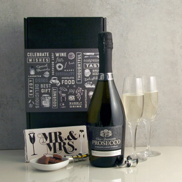 Hampers and Gifts to the UK - Send the Celebration Prosecco with Mr & Mrs Chocolate and Flutes