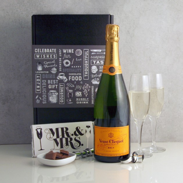 Hampers and Gifts to the UK - Send the Celebration Veuve Clicquot with Mr & Mrs Chocolate and Flutes