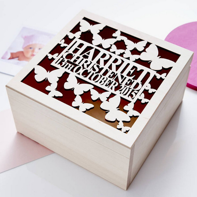 Personalised Wooden Carved Keepsake Box for a Baby's Christening Gift