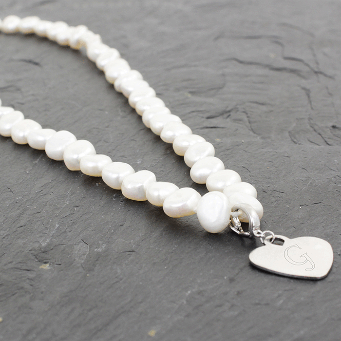 Pearl Necklace with Engraved Initial on Heart Charm