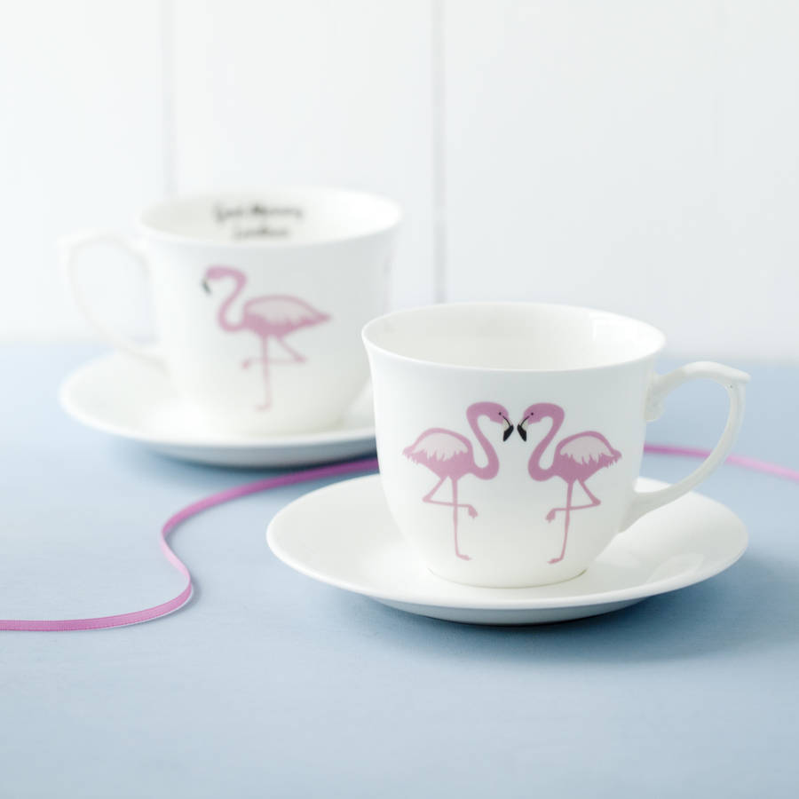 Pair of Pink Personalised Flamingo Mugs... perfect for a china wedding anniversary...