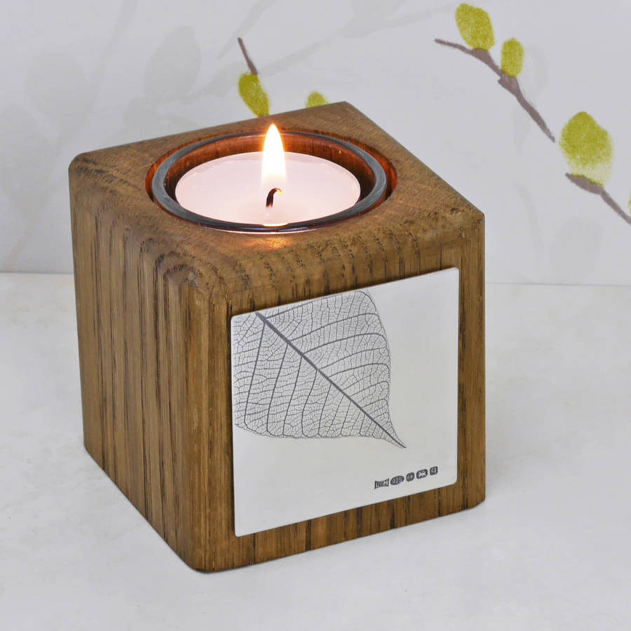 Wooden Tealight Holder with Silver Leaf Design